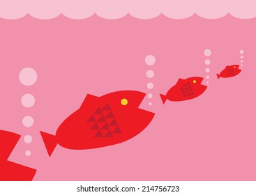 A vector illustration of bigger fish eating progressively smaller fish. A metaphor on the business food chain.