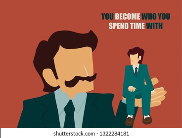 vector illustration, A bigger man carrying and supporting the smaller freshman, in business, financial, commercial studying as a mentor or adviser.