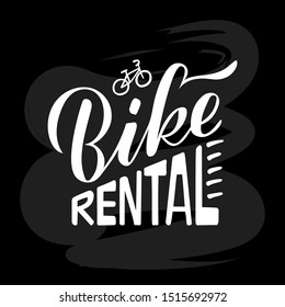 Vector illustration of bike rental brush lettering for banner, leaflet, poster, clothes, logo, advertisement design. Handwritten text for template, signage, billboard, printing, price list, flyer