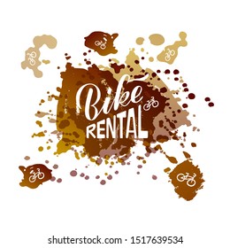 Vector illustration of bike rental brush lettering for banner, leaflet, poster, clothes, logo, advertisement design. Handwritten text for template, signage, billboard, printing, price list, flyer