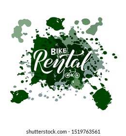 Vector illustration of bike rental brush lettering for banner, leaflet, poster, clothes, logo, advertisement design. Handwritten text for template, signage, billboard, printing, price list, flyer