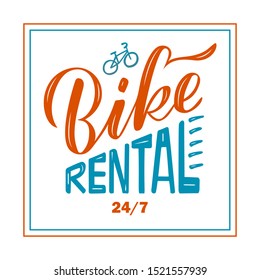 Vector illustration of bike rental brush lettering for banner, leaflet, poster, clothes, logo, advertisement design. Handwritten text for template, signage, billboard, printing, price list, flyer