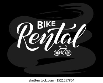 Vector illustration of bike rental brush lettering for banner, leaflet, poster, clothes, logo, advertisement design. Handwritten text for template, signage, billboard, printing, price list, flyer