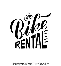 Vector illustration of bike rental brush lettering for banner, leaflet, poster, clothes, logo, advertisement design. Handwritten text for template, signage, billboard, printing, price list, flyer