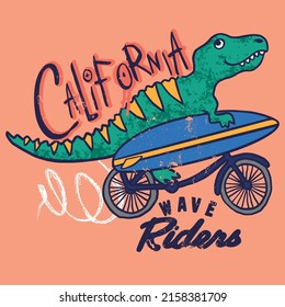 Vector illustration of bike riding dinosaur with surfboard and typography 