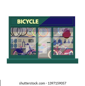 Vector  illustration of bike shop exterior. Shop showcase with bicycles and sport equipment. Flat style.