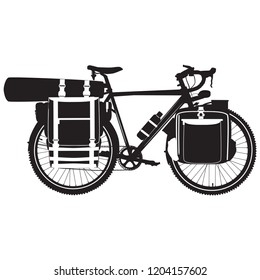 Vector illustration of bikepacking bike with bikepacking bags and tent in case. Touring bicycle with bikepacking gear black silhouette on white background.