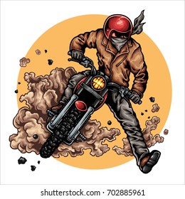 vector illustration of biker riding retro motorcycle wild