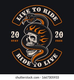 Vector illustration of a biker skull with a snake. This design is perfect for logos, shirt prints and many other uses as well. 