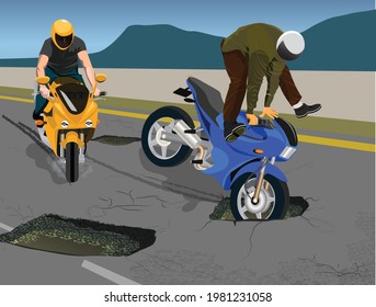 Vector Illustration of bikers facing potholes and cracks on road