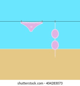 Vector Illustration : bikini Hanging on a clothesline in the Beach