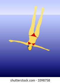 Vector illustration of bikini woman diving from high with diver on separate layer