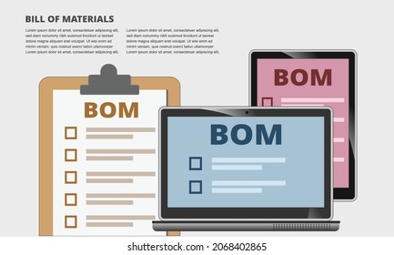 Vector illustration of Bill of Materials concept on paper, computer and tablet.