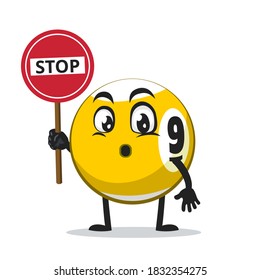 vector illustration of billiard ball character or mascot holding sign says stop