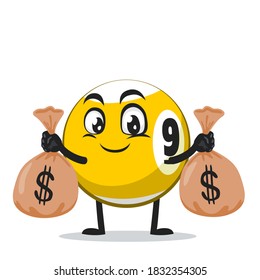 vector illustration of billiard ball character or mascot holding sacks of money