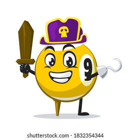 vector illustration of billiard ball character or mascot wearing pirates costume and holding wooden sword