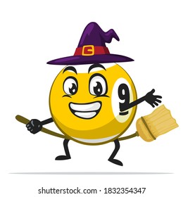 vector illustration of billiard ball character or mascot wearing witch costume and ride flying broom