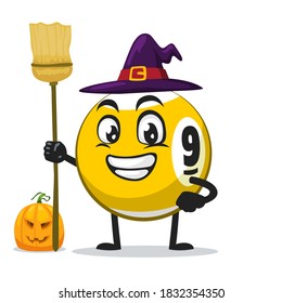 vector illustration of billiard ball character or mascot wearing witch costume and holding broom