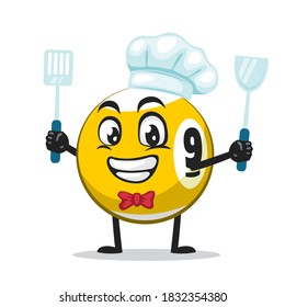 vector illustration of billiard ball character or mascot wearing chef hat and holding spatula
