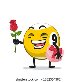 ilustración vectorial del personaje de la bola de billar o mascota dar flores y sostener regalo rosa