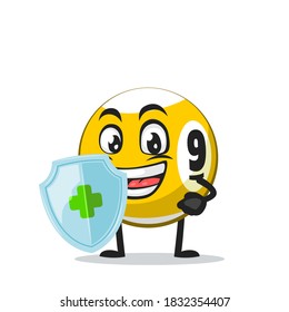 vector illustration of billiard ball character or mascot holding shield for protection