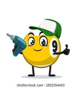 vector illustration of billiard ball character or mascot holding hand drill