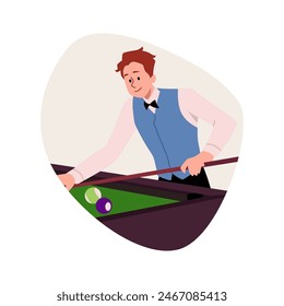 Vektorillustration von Billardwettbewerben. Ein Mann in Uniform und Weste spielt Billard, zielt auf einen Ball. Cartoon-Stil Design für Sportkonzepte.