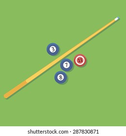 Vector illustration of billiards. Pill. cue and balls.