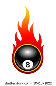 Vector illustration of billiards pool snooker 8 ball with simple flames. Ideal for stickers, decals, sport logo design element and any kind of decoration.