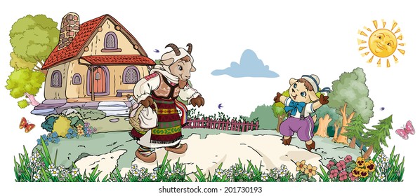 Vector illustration, billy goat encountered by his mother goat, card concept.