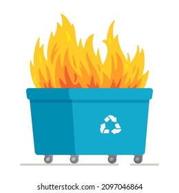 Vector illustration of bin fire. Consequence of safety violations. Large blue recycling bin fire on white background.  