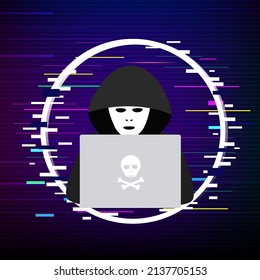 Vector illustration with binary code background. Hacker logo template. Symbol of digital thief with laptop. Hacker icon.