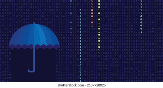 ilustración vectorial del código binario para tecnologías de blockchain y paraguas para protección financiera