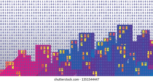 vector illustration of binary code and city buildings for programming and IT industry visuals