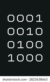 Vector illustration of binary code in a geometric font on a black background, featuring the numbers 0001, 0010, 0100, 1000.