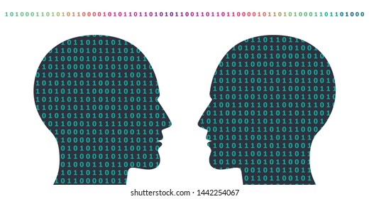 vector illustration of binary code and human heads for digital communication and internet relationship concept