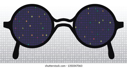 vector illustration of binary code reflection in glasses for programming and IT industry visuals