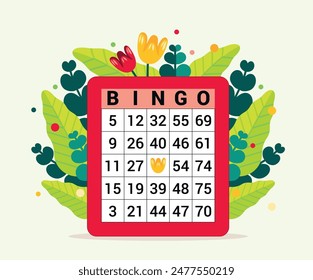 Vector illustration of a bingo game, drawing of winning numbers, spring floral decoration with green leaves and flowers, cheerful and original design for event poster