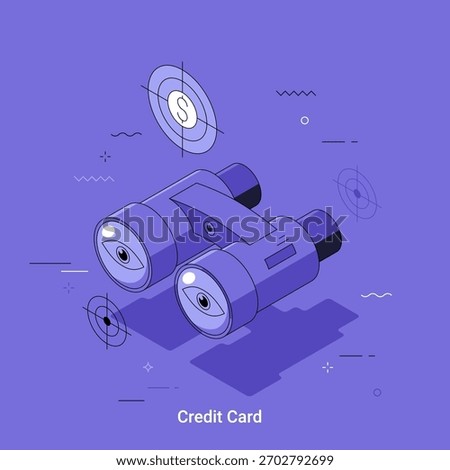 Vector illustration with Binoculars with dollar target and credit card in isometric cartoon style. Business opportunity search. Financial goal, investment vision concept.