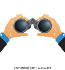 Vector illustration with binoculars in human hands isolated on white