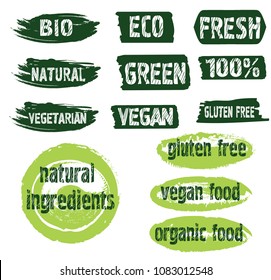Vector illustration bio, eco, organic, natural, vegan prints. Healthy elements for labels, logos, badges, stickers or icons.