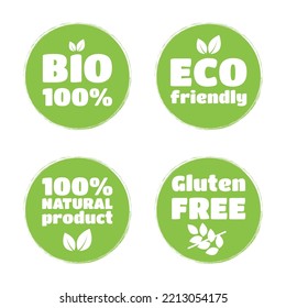 Vector illustration of bio, eco, organic, gluten free natural food prints. Healthy elements for labels, logos, stickers or badges.