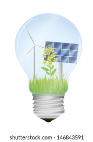 vector Illustration of bio ecology bulb with wind mill, raps flower and solar panel in it