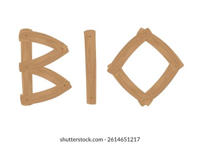 Vector illustration of bio lettering made of stylized wooden planks with wood texture and nails