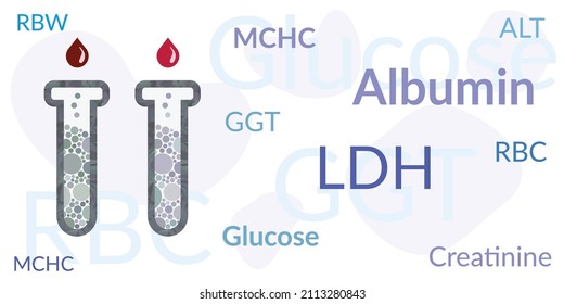 vector illustration of biochemical blood test normal values and results with flask and substance samples