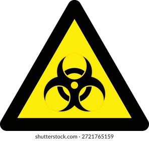 Ilustración vectorial de una señal de advertencia de peligro biológico con un símbolo de peligro biológico dentro de un símbolo de peligro triangular amarillo, que indique riesgo de contaminación y conciencia de seguridad.