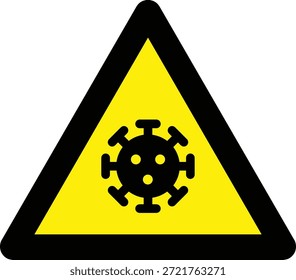 Ilustração vetorial de um sinal de advertência de perigo biológico com um símbolo de vírus dentro de um símbolo de perigo triangular amarelo, indicando o risco de infecção e a conscientização sobre a segurança da saúde.
