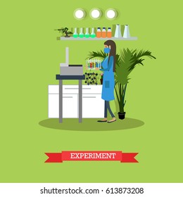 Vector illustration of biologist or chemist female in protective mask and lab coat carrying out experiment. Laboratory equipment and interior. Scientific experiment design element in flat style.