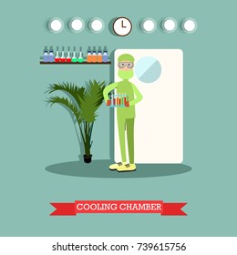 Vector illustration of biologist or chemist male in protective mask and glasses holding laboratory test tubes. Cooling chamber concept design element in flat style.