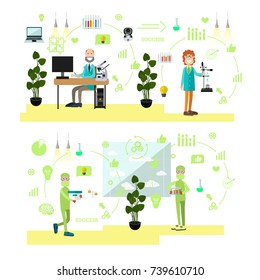 Vector illustration of biologist or chemist males working at lab, carrying out experiments. Science people, lab equipment and glassware symbols, icons isolated on white background. Flat style design.